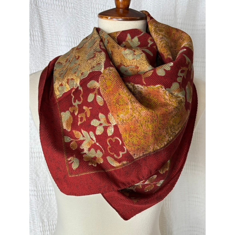 Elaine Gold Burgundy Red Floral Patchwork‎ Chevron Square Scarf Made in Italy
